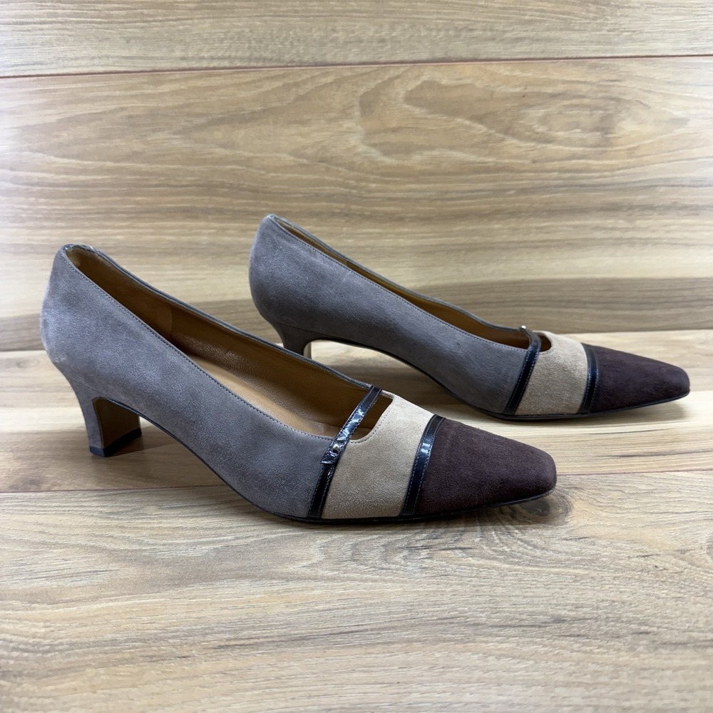 Salvatore Ferragamo Vintage Pumps 8.5 C Brown Taupe Beige Suede Square Toe